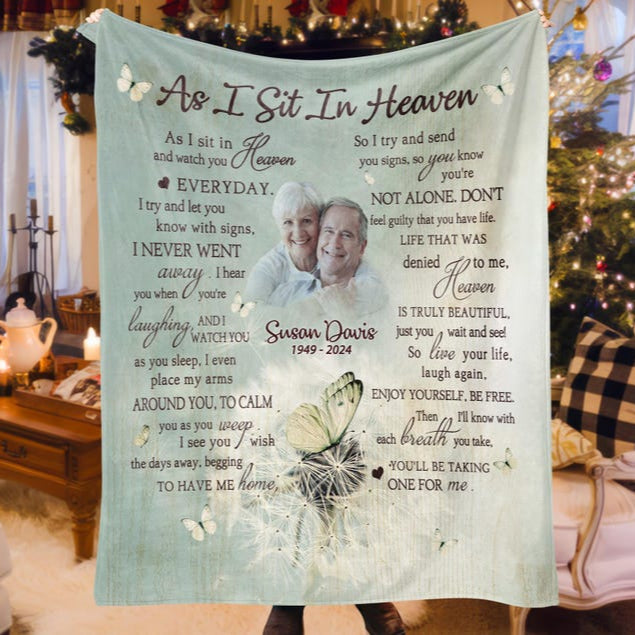 Personalized Loss Of Father Memorial Blanket, As I Sit In Heaven Blanket, In Memory of Dad Photo Memorial Blanket, Mom Dad in Heaven Blanket