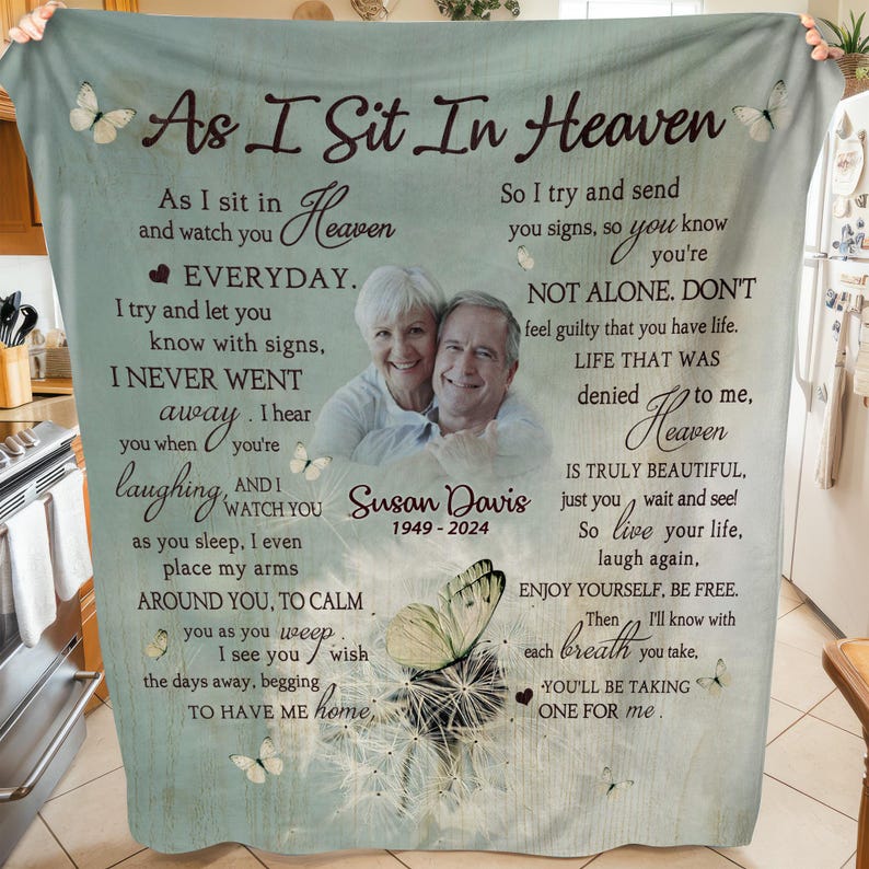 Personalized Loss Of Father Memorial Blanket, As I Sit In Heaven Blanket, In Memory of Dad Photo Memorial Blanket, Mom Dad in Heaven Blanket
