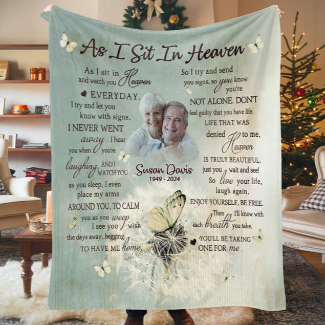 Personalized Loss Of Father Memorial Blanket, As I Sit In Heaven Blanket, In Memory of Dad Photo Memorial Blanket, Mom Dad in Heaven Blanket