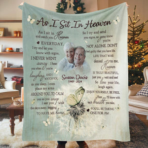 Personalized Loss Of Father Memorial Blanket, As I Sit In Heaven Blanket, In Memory of Dad Photo Memorial Blanket, Mom Dad in Heaven Blanket