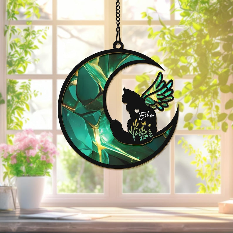 Custom Cat with Wings Suncatcher Ornament, Personalized Cat Memorial Gift, Cat Loss Sympathy Gift, Loss of Cat Remembrance Gift, Cat on Moon