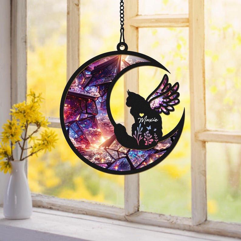 Custom Cat with Wings Suncatcher Ornament, Personalized Cat Memorial Gift, Cat Loss Sympathy Gift, Loss of Cat Remembrance Gift, Cat on Moon