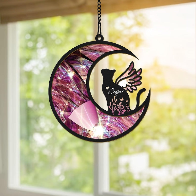 Custom Cat with Wings Suncatcher Ornament, Personalized Cat Memorial Gift, Cat Loss Sympathy Gift, Loss of Cat Remembrance Gift, Cat on Moon