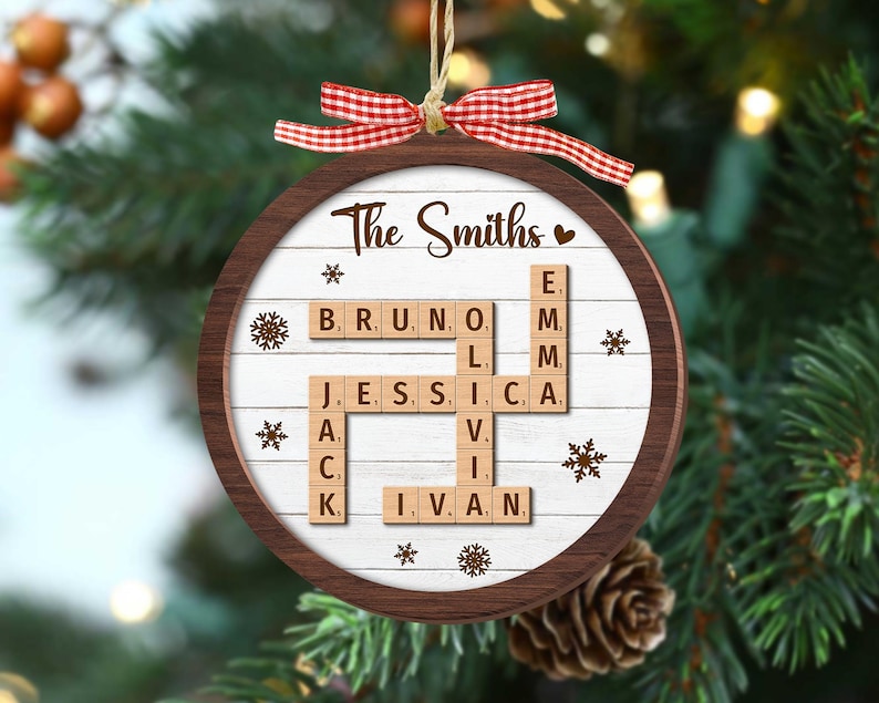 Personalized Scrabble Christmas Ornaments, Family Name Crossword Puzzle, Custom Family Christmas Ornament 2024, Christmas Gift, Xmas Decor