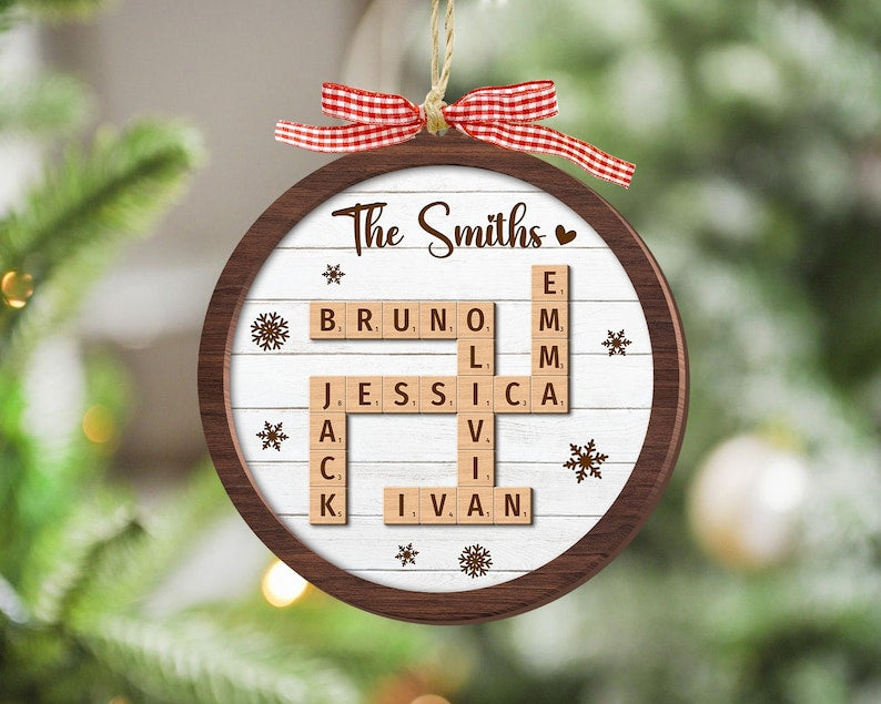 Personalized Scrabble Christmas Ornaments, Family Name Crossword Puzzle, Custom Family Christmas Ornament 2024, Christmas Gift, Xmas Decor