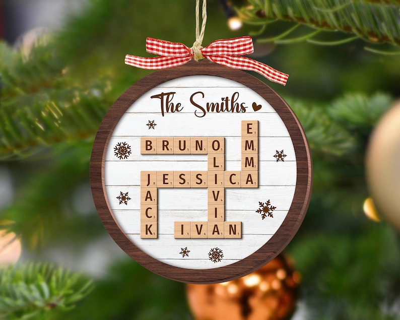Personalized Scrabble Christmas Ornaments, Family Name Crossword Puzzle, Custom Family Christmas Ornament 2024, Christmas Gift, Xmas Decor