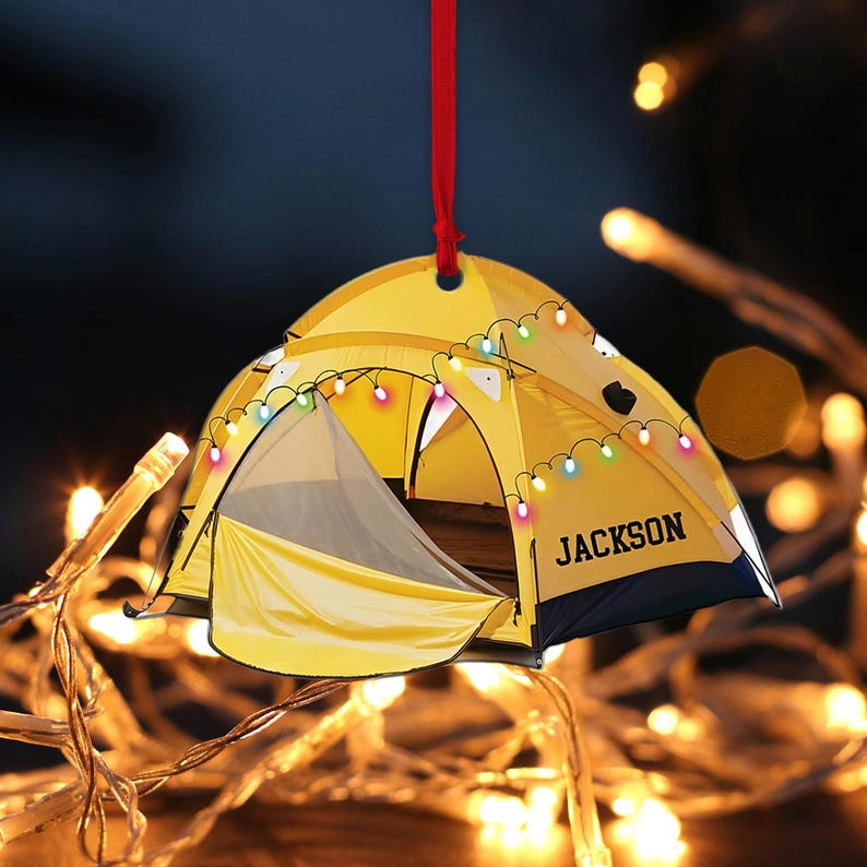 Personalized Camping Tent Shape Ornaments, Camping Flat Ornament, Camping Lover Gift, Happy Camper Ornament, Christmas Tent Flat 2D Ornament