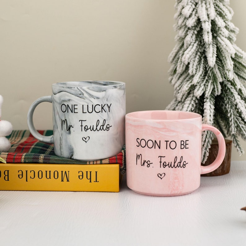 Personalised Engagement Gift, His & Hers Printed Mugs, Soon to be Mrs, One Lucky Mr, Marble Mugs, Bride To Be Mug