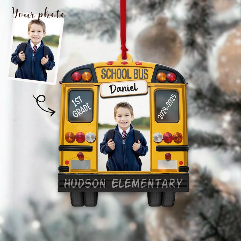 Personalized Christmas Gifts, School Bus Picture Frame Grades Ornament, PreK Kindergarten Grade Middle School Gift, Photo Wooden Ornament 2D Flat