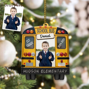 Personalized Christmas Gifts, School Bus Picture Frame Grades Ornament, PreK Kindergarten Grade Middle School Gift, Photo Wooden Ornament 2D Flat