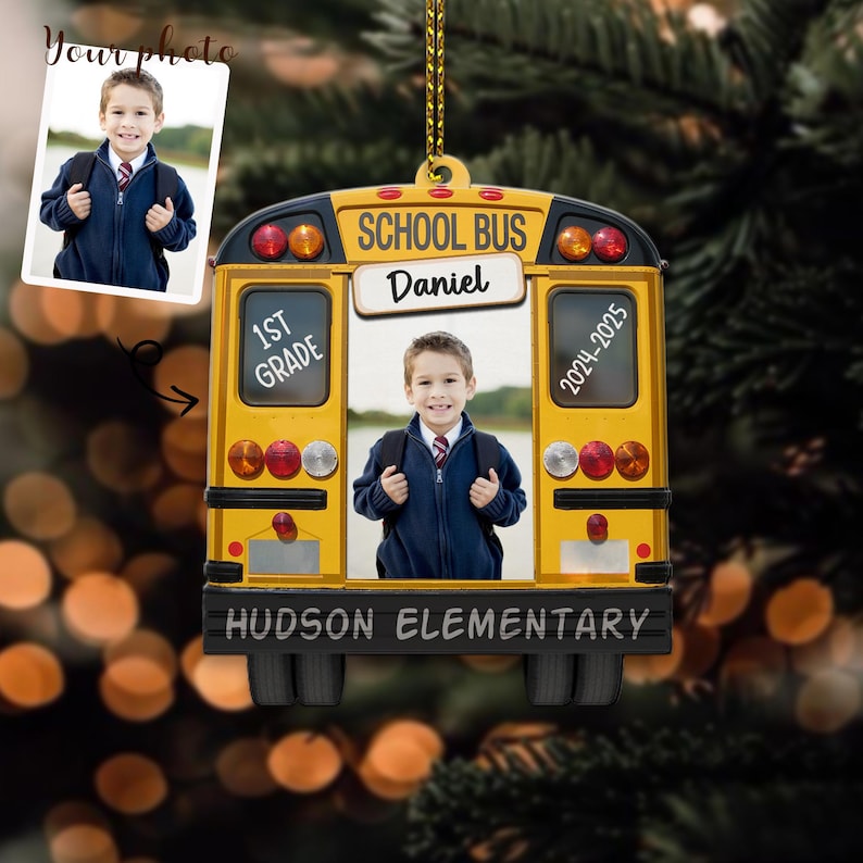 Personalized Christmas Gifts, School Bus Picture Frame Grades Ornament, PreK Kindergarten Grade Middle School Gift, Photo Wooden Ornament 2D Flat