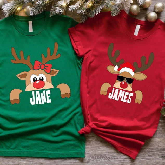 Custom Reindeer T-shirts, Custom Christmas Sweatshirts, Christmas Party Shirt, Xmas Name Shirt, Family Christmas Tee, Personalized Christmas