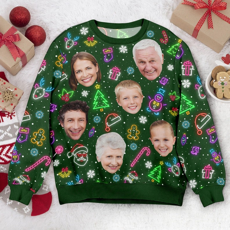 Custom Face Xmas Leds, Personalized Family Photo Ugly Sweater, Novelty Party Ugly Sweater, Christmas Gifts, Year End Party Ugly Sweater