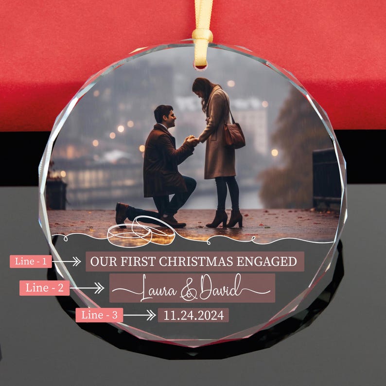 Personalized Engagement GLASS Christmas Ornament Our First Christmas Engaged Photo Ornament Marriage Proposal Gift