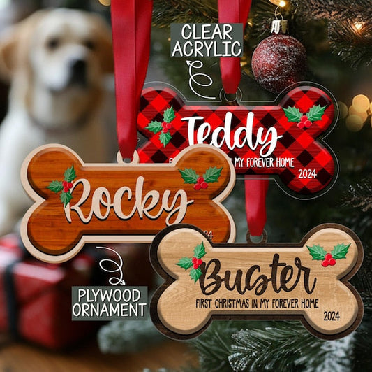 Christmas Dog Bone Ornament, Personalized Dog Christmas Ornament, First Christmas Keepsake, Custom Pet Ornament, Pet Memorial Ornament