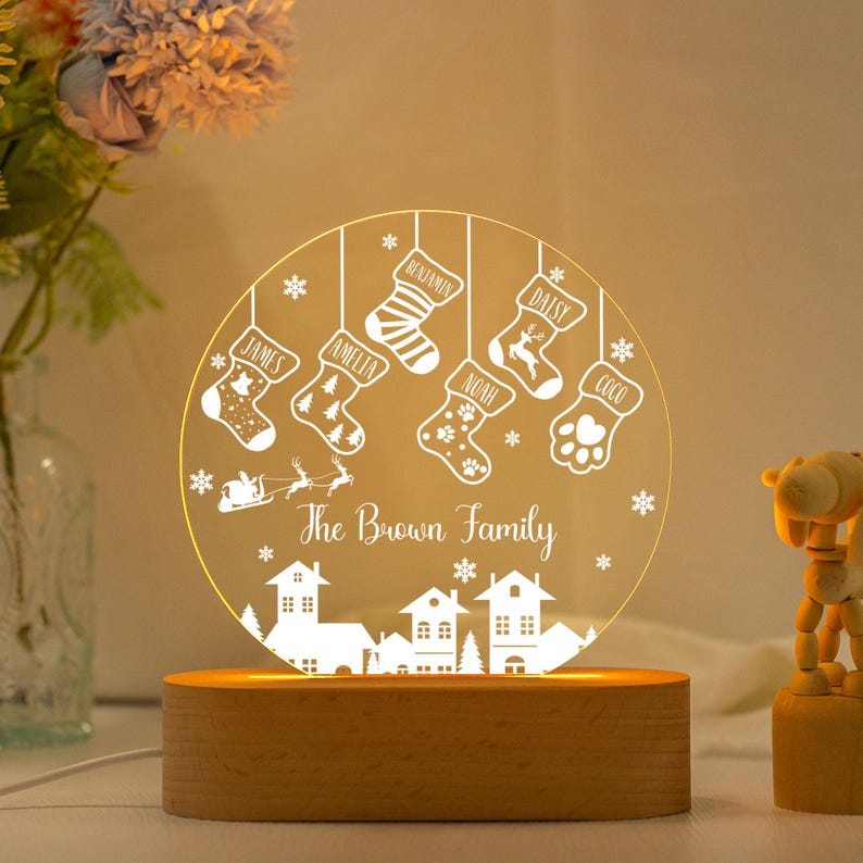 Family of 4 Christmas Night Light,Custom Family Stocking Night Light With Names and Year,New Family Christmas Gift 2024,Family Lamp Light