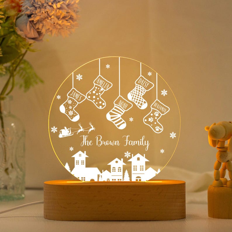 Family of 4 Christmas Night Light,Custom Family Stocking Night Light With Names and Year,New Family Christmas Gift 2024,Family Lamp Light