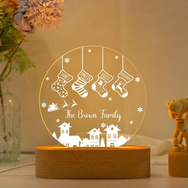 Family of 4 Christmas Night Light,Custom Family Stocking Night Light With Names and Year,New Family Christmas Gift 2024,Family Lamp Light