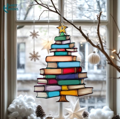 Christmas Book Tree Suncatcher Ornament, Christmas Tree Bookish Gift, Book Club Gift, Book Lover Gift, Librarian Gift, Exchange Gift