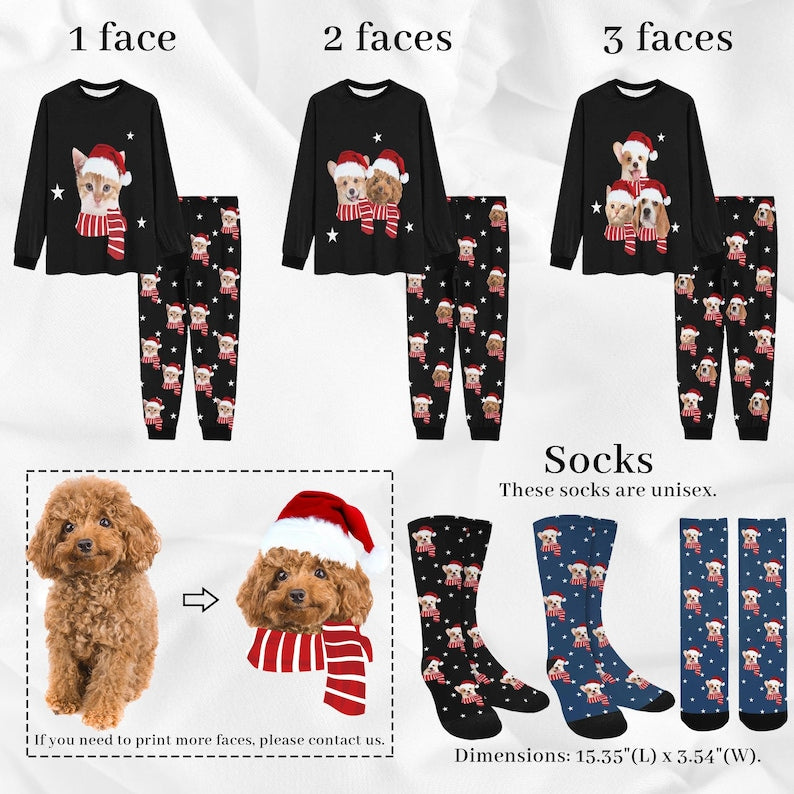Custom Dog face Christmas Pajamas, Custom Face Pajama Set Top Pants, Custom Pajamas for Woman Man Family, Custom Pajama Pants Trousers Socks