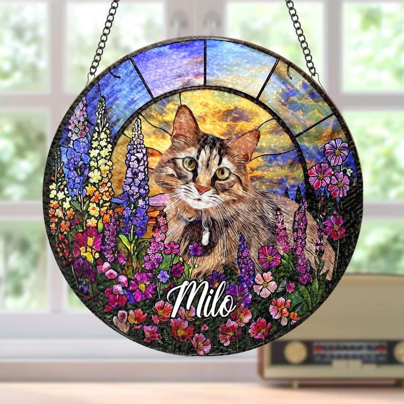 Personalized Cat Memorial Stained Glass, Loss of Pet Sympathy Gift, Cat With Name Suncatcher, Cat Suncatcher, Custom Pet Image Gift