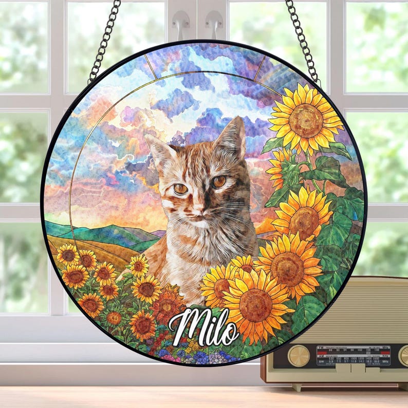 Personalized Cat Memorial Stained Glass, Loss of Pet Sympathy Gift, Cat With Name Suncatcher, Cat Suncatcher, Custom Pet Image Gift