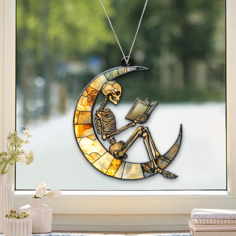 Skeleton Suncatcher, Reading Skeleton Ornament, Book Lover Decor,Halloween Suncatcher,Unique Skeleton Art,Skull Reading Decor,Halloween Gift