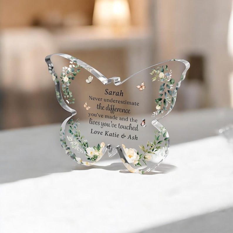 Personalised Retirement Gift, Leaving Work Gift, Butterfly Keepsake Gift, Retirement Plaque, Leaving Presents, Clear Freestanding Butterfly