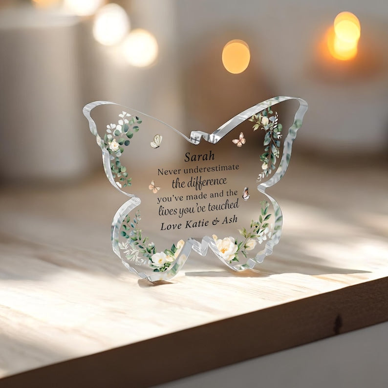 Personalised Retirement Gift, Leaving Work Gift, Butterfly Keepsake Gift, Retirement Plaque, Leaving Presents, Clear Freestanding Butterfly