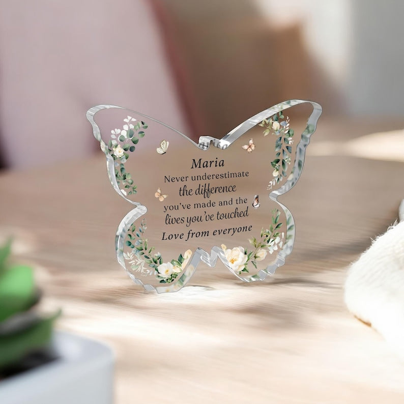 Personalised Retirement Gift, Leaving Work Gift, Butterfly Keepsake Gift, Retirement Plaque, Leaving Presents, Clear Freestanding Butterfly