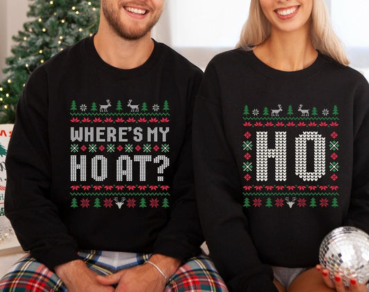 Funny Couple Ugly Christmas Sweater, Where's My Ho At Ugly Sweater, Ho Sweater Humorous Couples Matching Fun Holiday Apparel Holiday Party