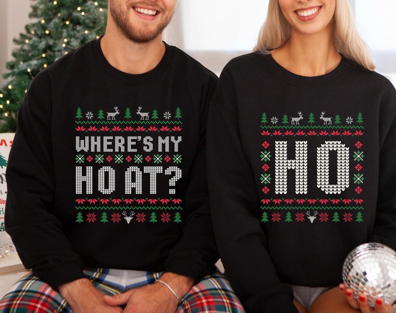 Funny Couple Ugly Christmas Sweater, Where's My Ho At Ugly Sweater, Ho Sweater Humorous Couples Matching Fun Holiday Apparel Holiday Party