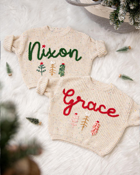 Hand Embroidered Baby Name Christmas Sweater for Baby Boys and Toddler Boys, Baby Toddler Custom Holiday Sweater, Christmas Baby Outfit