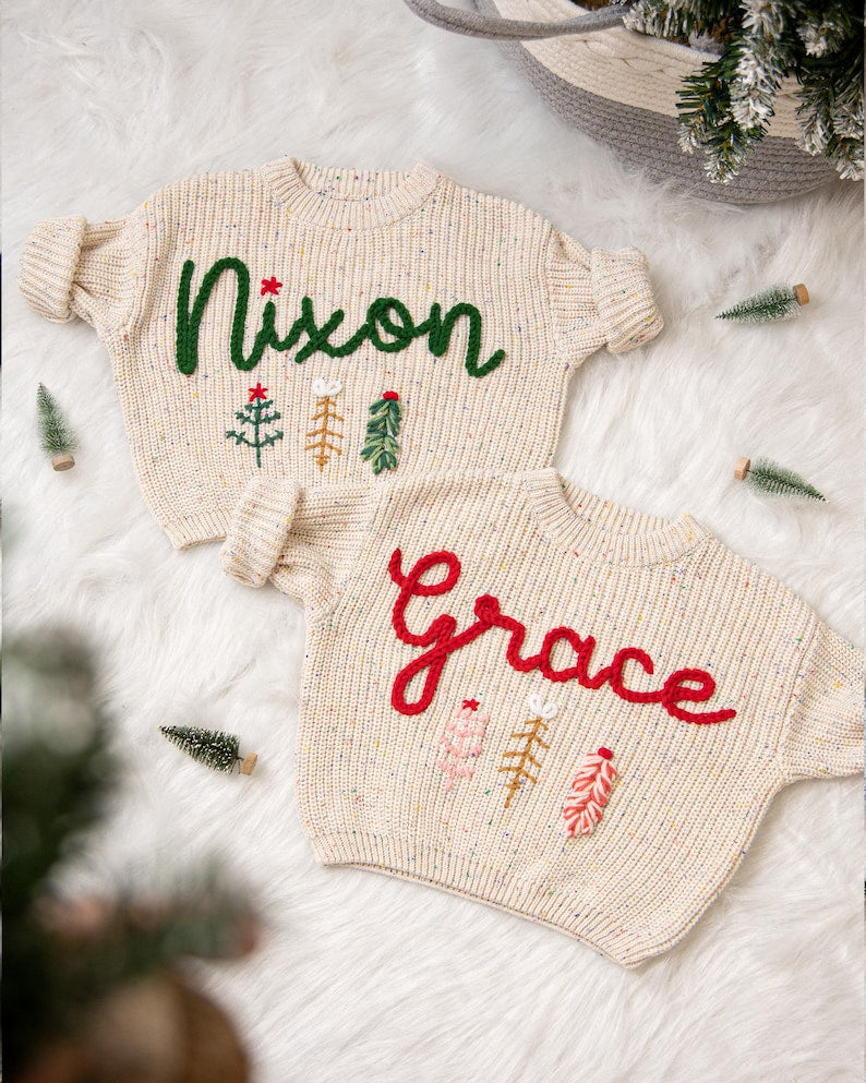 Hand Embroidered Baby Name Christmas Sweater for Baby Boys and Toddler Boys, Baby Toddler Custom Holiday Sweater, Christmas Baby Outfit