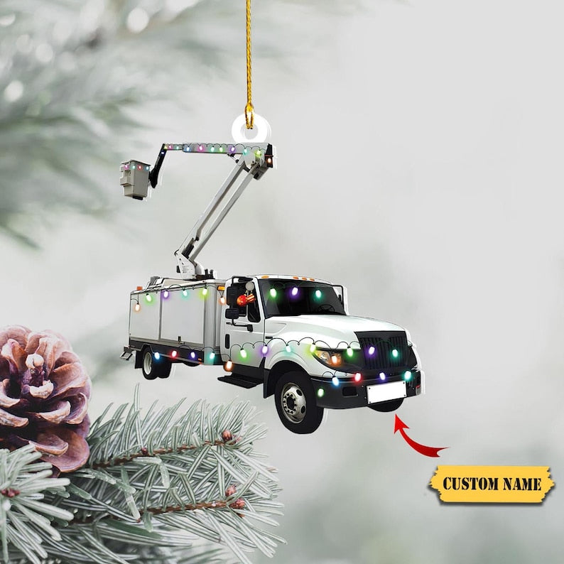 Personalized Name Lineman Bucket Truck Merry Christmas Shaped Ornament 2D, Gift for Lineman, Gifts For Christmas.