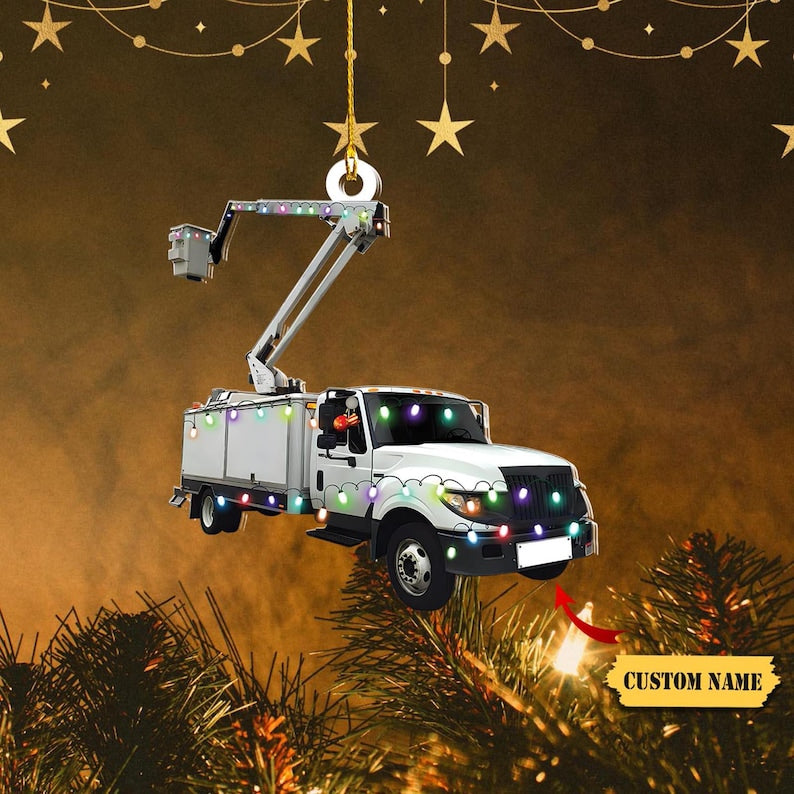 Personalized Name Lineman Bucket Truck Merry Christmas Shaped Ornament 2D, Gift for Lineman, Gifts For Christmas.