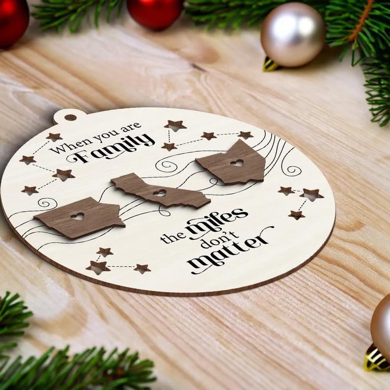 Custom State 2-Layered Wooden Family Ornament, Miles Don't Matter Gift, Custom State To State Ornament, Family Long Distance Christmas Gift