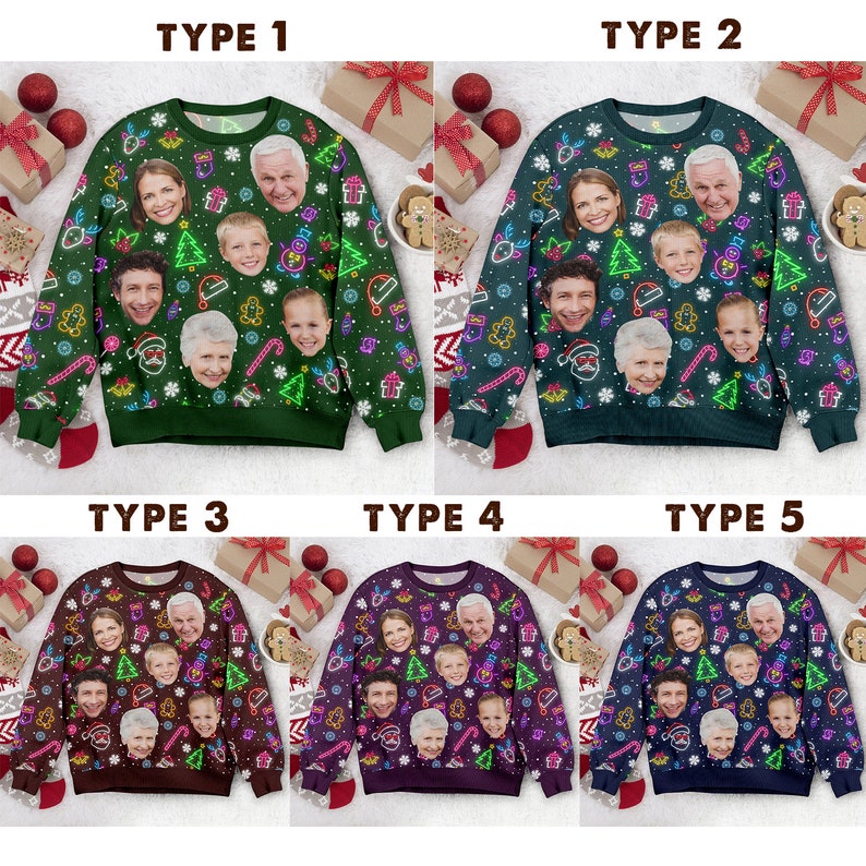 Custom Face Xmas Leds, Personalized Family Photo Ugly Sweater, Novelty Party Ugly Sweater, Christmas Gifts, Year End Party Ugly Sweater