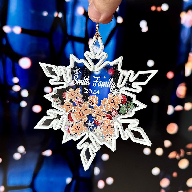 Personalized Snowflake Family Ornament With Pets, Gingerbread With Hat Family Ornament 2025, Family Christmas Gift, 4D Shake Family Ornament