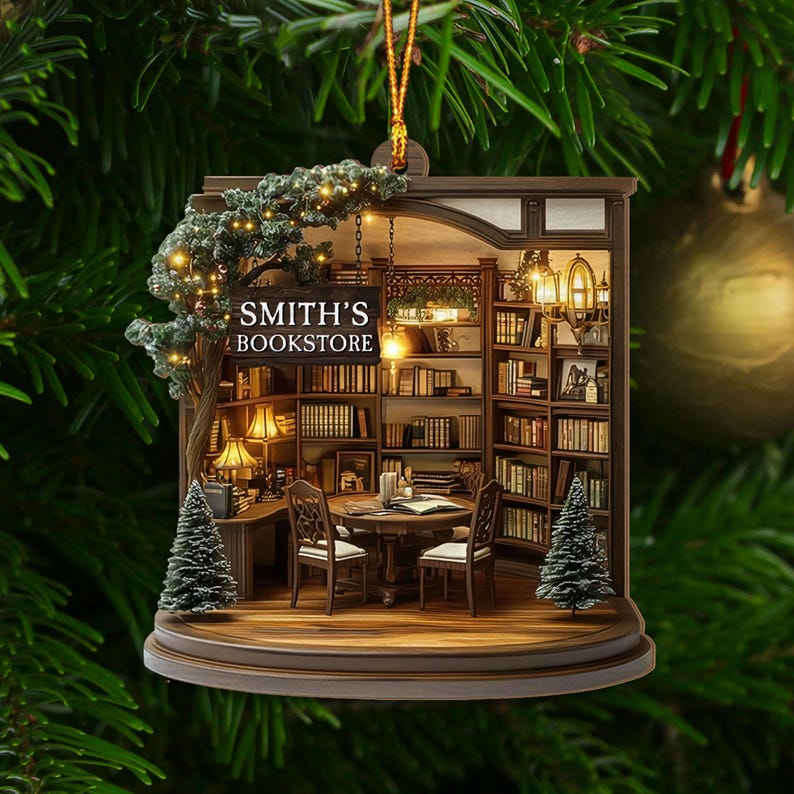 Customized Book Store Ornament, Bookshelf Ornament, Christmas Ornament, Flat Ornament, Bookstore Flat Ornament For Book Lovers