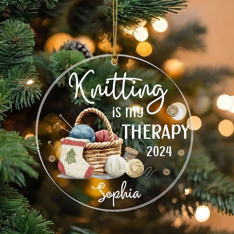 Custom Knitting Is My Therapy Acrylic Ornament, Knitting Christmas Tree Decor, Crochet Lover Gift, Crochet Ornament, Knitter Ornament Gift
