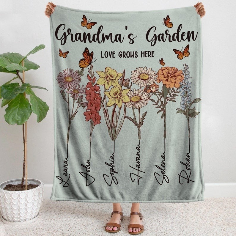 Personalized Grandmas Garden Blanket, Grandma Love Grows Here Blanket, Birth Month Flowers With Family Names Gift, Mother's Day Gift