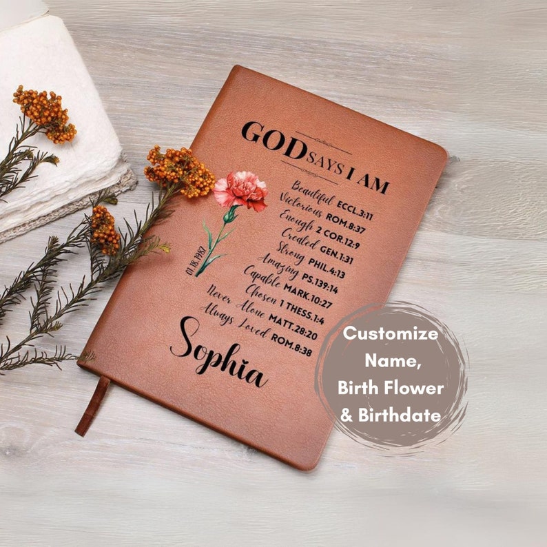 Prayer Journal Christian Gift for Women Personalized God Says I Am Custom Leather Diary Religious Birthday Christmas Graduation Gift for Her