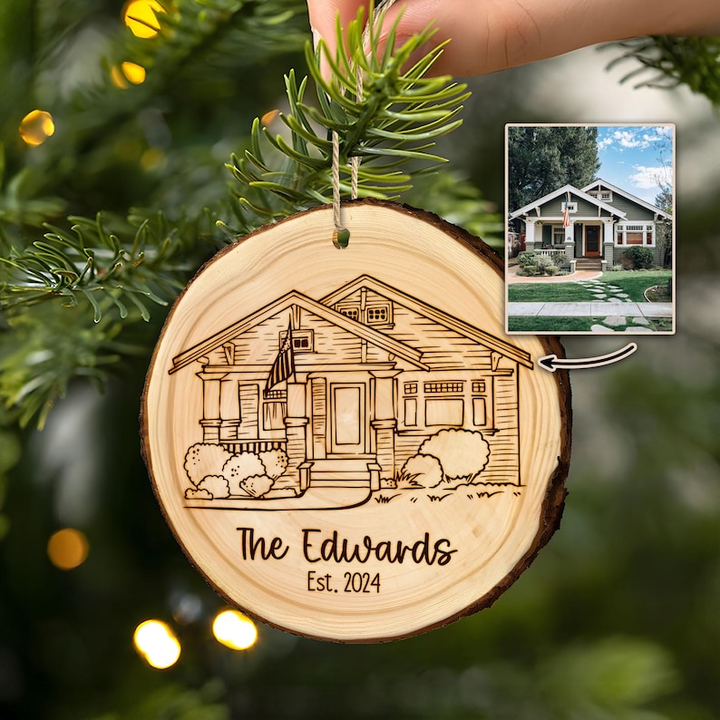 Custom House Drawing from Photo Ornament, Personalized Housewarming Gifts for Couples, Realtor Closing Gift, New Home Wooden Slice Ornament