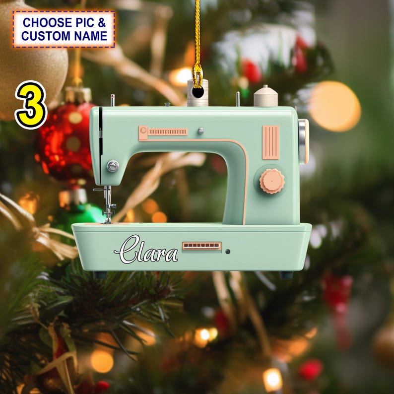 Custom Name Sewing Machine Christmas Ornament, Christmas Tree Hanging Decor, Flat 2D Ornament Acrylic/ Wooden, Gift For Sewing Lovers