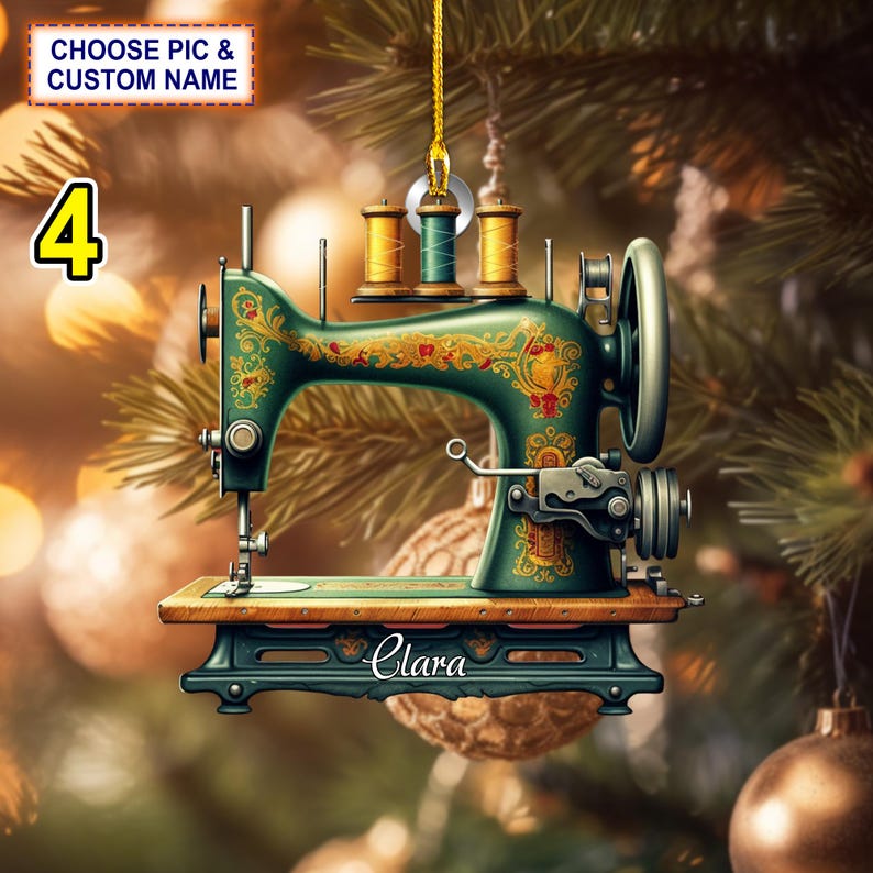 Custom Name Sewing Machine Christmas Ornament, Christmas Tree Hanging Decor, Flat 2D Ornament Acrylic/ Wooden, Gift For Sewing Lovers
