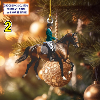 Custom Name Equestrian Girl Ride A Horse Christmas Ornament, Christmas Tree Hanging Decor, Flat 2D Ornament Acrylic/ Wooden