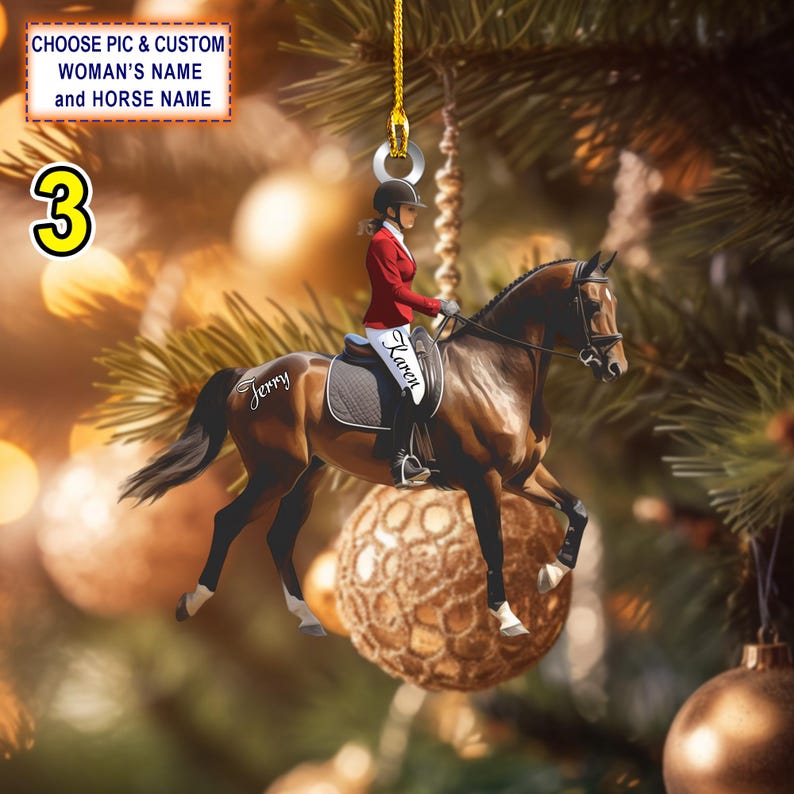 Custom Name Equestrian Girl Ride A Horse Christmas Ornament, Christmas Tree Hanging Decor, Flat 2D Ornament Acrylic/ Wooden