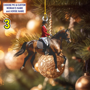 Custom Name Equestrian Girl Ride A Horse Christmas Ornament, Christmas Tree Hanging Decor, Flat 2D Ornament Acrylic/ Wooden