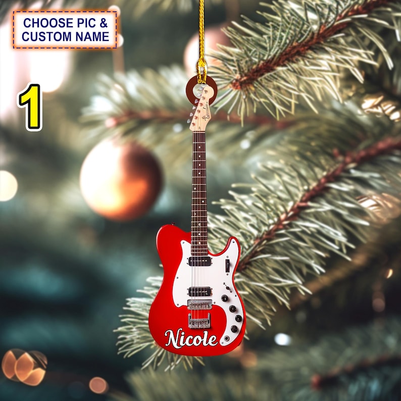 Custom Name Classic Guitar Christmas Ornament, Christmas Tree Hanging Decor, Flat 2D Ornament Acrylic/ Wooden, Guitar Lover Gift